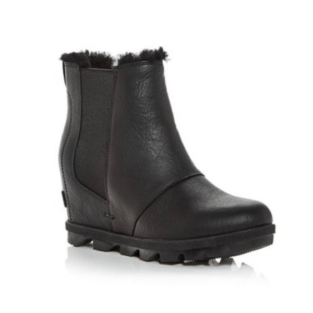 Sorel Joan of Arctic Wedge II Dark Black Leather Booties Shoes Shearling Women 8